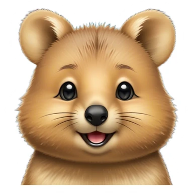 Cinematic Cute Quokka Portrait Emoji, Head tilted playfully and inquisitively, featuring a fluffy, round face with a naturally cheerful grin and bright, sparkling eyes full of playful curiosity, Simplified yet irresistibly adorable features, highly detailed, glowing with a warm, friendly glow, high shine, affectionate and spirited, stylized with a touch of Aussie whimsy, bright and endearing, soft glowing outline, capturing the essence of a mischievous yet loving quokka, so playful it feels like it could scamper out of the screen and into your arms! sticker