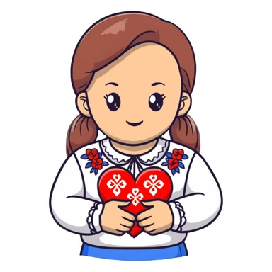 beautiful young girl in a white Ukrainian embroidered shirt clutching a large embroidered heart sticker