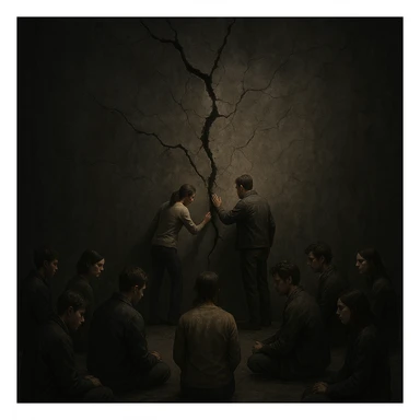 A group of people in front of a massive cracked wall symbolizing a big problem. Most sit idly or look away, while two step forward to examine or try to repair the crack. Lighting highlights the two proactive people, others in muted tones. Conceptual, symbolic, cinematic, emotionally charged, strong contrast, hyperrealistic 4K. sticker