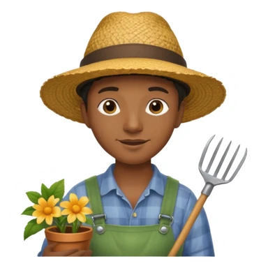 black gardener holding gardening tools, with hat sticker
