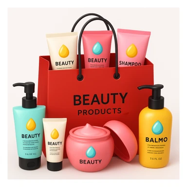 Gift bag with beauty products (shampoo, creams, styling products), a gift bag is beautyful open box with luxury brand-labeled beauty products standing nearby, emoji style, red bag sticker