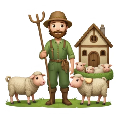 happy shepard with long curly brown beard and long curly brown hair, in green village outfit, with wooden shepard stick in hands, taking care of sheep and pigs sticker