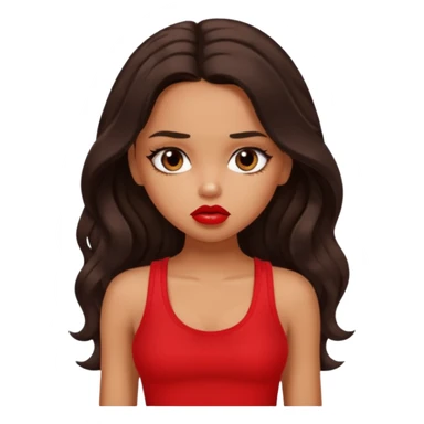 generate a pretty tan bratz girl with dark brown wavy hair long wearing a red tank top, red lipstick. Looking sad sticker