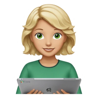 short wavy blonde hair tan skin teacher green eyes woman happy holding chromebook sticker