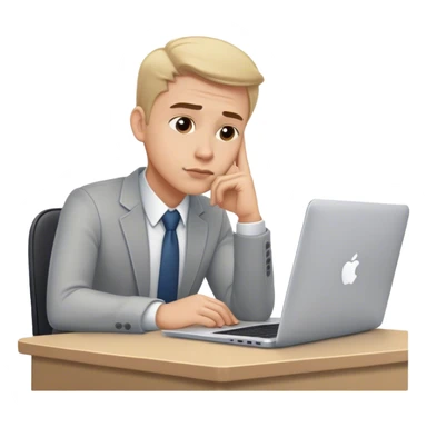 A thoughtful manager sitting at a desk with a MacBook, looking up, hand on chin, deep in thought sticker