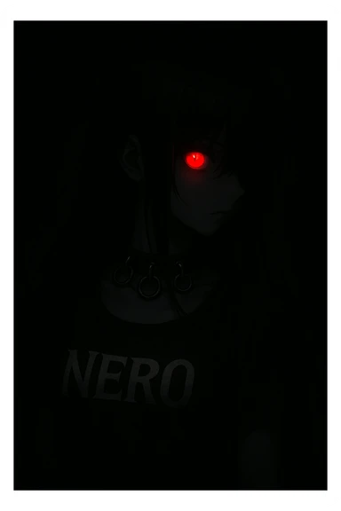 In a pitch-black setting, a mysterious anime girl with black hair covering her face turns right. Her left eye glows crimson, radiating menace. She wears a dark leather necklace with metal rings, and 'NERO' is sharply inscribed on her dress. sticker