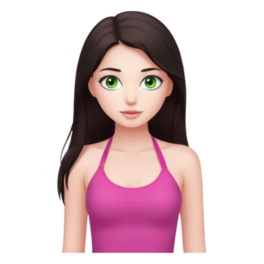 A pretty girl with white skin and very long dark brown hair and a green eyes and wears a pink tight halter tops sticker