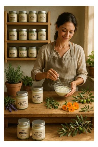 A realistic, high-quality photo of a small artisan skincare laboratory in Italy, with wooden shelves displaying beautifully packaged glass jars of natural creams made with herbal and botanical extracts, olive oil, and essential oils, clearly labeled ‘100% Natural’ and ‘Artisan Made in Italy’. The scene includes a bright, sunlit rustic workspace with plants, fresh lavender, rosemary, calendula flowers, and olive branches on the wooden counter, symbolizing purity and nature. A female artisan in a linen apron is carefully mixing creams in a glass bowl, smiling softly. The environment feels warm, authentic, and eco-friendly, emphasizing the concept of handcrafted skincare without synthetic chemicals in italiano sticker