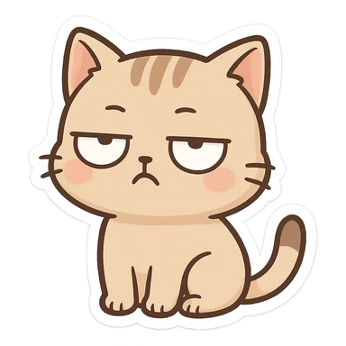 cartoon style eye-rolling cat, small body, big head, transparent background sticker