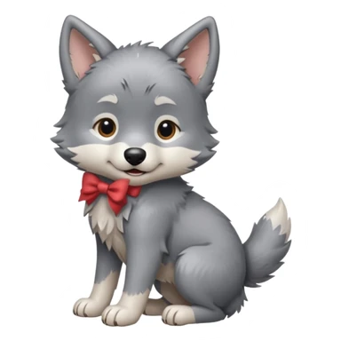 an animated gif sticker emote of a wolf puppy in a play bow wagging its tail in a smooth, natural arc over its back sticker