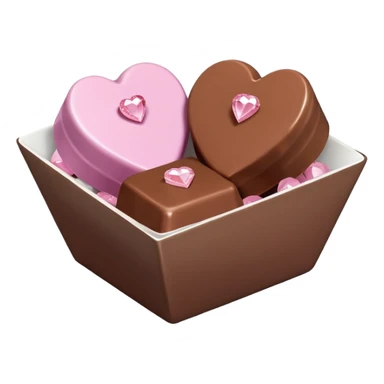 Two square milk chocolate Each of the two chocolates will have its own pralines only, Each praline is a sharp-edged cube with smooth glossy chocolate coating, placed in a small white fluted paper candy cup. On top of each cube is a flat pastel pink heart-shapedwith fine sugar crystal sparkle. sticker