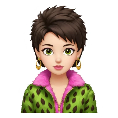 generate a pretty fair bratz girl with dark brown eyes. Dark brown hair tied up in a funky hairstyle. Wearing a green fur jacket, with pink top underneath. Golden earrings sticker