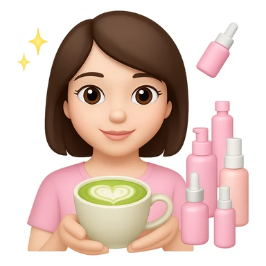 Create an Apple emoji style profile picture of a girl with short dark brown hair and brown eyes, pink soft girl aesthetic, holding a matcha latte, surrounded by pink skincare and makeup, sparkles, with a slightly different pose and facial expression. The style should mimic Apple emojis with a soft and polished look. sticker