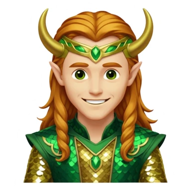 Loki, God of Mischief from Gods and Goddesses with long reddish blonde hair, green and gold sequin outfit sticker