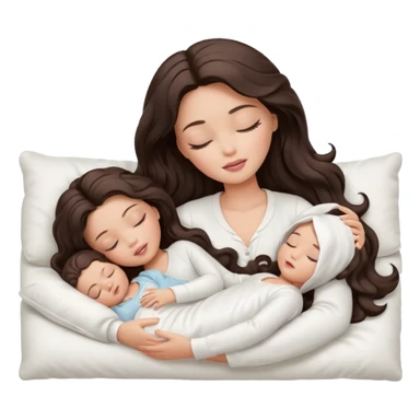 White Barbie girl dark brown long wavy hair in white clothes sleeping with white baby at cream bed, eyes are closed sticker