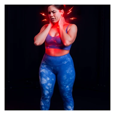 Realistic style edit of the girl identical to the photo with both hands on the neck, face contracted in pain, pain symbols like red lights and lightning on neck and head. sticker