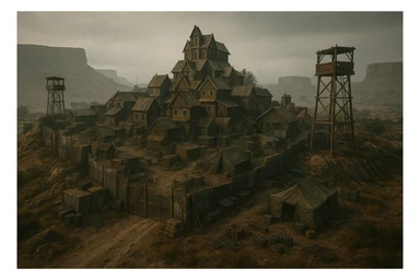 A small hilltop mesa city in the videogame dayz, screensot, based on whiterun but with modern DayZ architecture  sticker