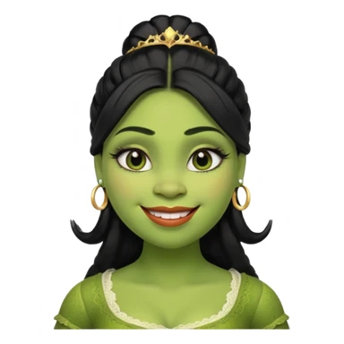 A beautiful girl Shrek, who has big eyelashes and had black hair. She has some makeup on too. She is dressed very very trendy. And she is smilingl. sticker