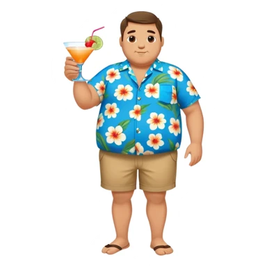 chubby guy full figure in a flowered azure havai shirt, brown shorts and flippers holding a cocktail sticker