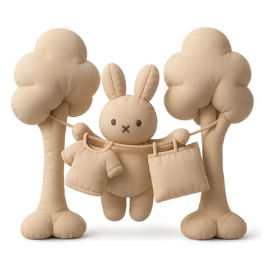 bunny hanging laundry between trees, calming domestic forest feel, cushion style, flawless, high quality, no imperfections sticker