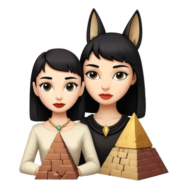 Kindly mannered Audrey Hepburn cleopatra Protecting spell silky black-haired tiny statuette scale feral Anubis and pyramid scenery stone-age cracked irregular dwelling  sticker