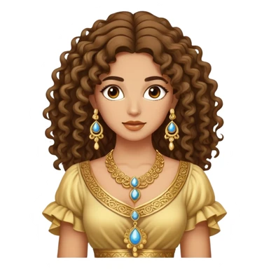 Beautiful Greek woman with very long puffy curly hair, wearing ornate gold jewelry and cute stylish clothes sticker