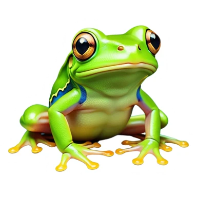 Cinematic Noble Green Tree Frog Portrait Emoji, Poised and alert, with a compact, vibrant body clad in bright, glossy green skin accented by delicate, sticky toe pads and large, bulging, observant eyes, Simplified yet sharp and sophisticated features, highly detailed, glowing with a soft, verdant luminescence, high shine, intelligent and sprightly, stylized with an air of tropical elegance, focused and attentive, soft glowing outline, capturing the essence of a watchful and confident amphibian that appears ready to leap out of the screen with effortless agility! sticker