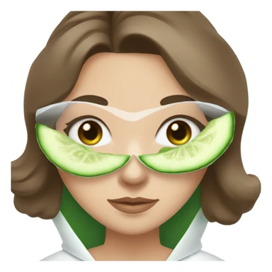 White girl with Brown hair and blue eyes wears a Green skincare textured mask and puts on cucumbers around her eyes while She relaxes in her white Robe sticker