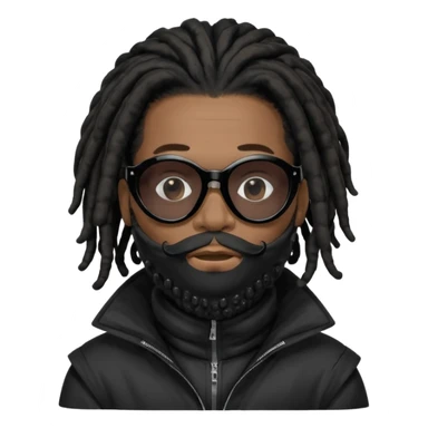 African American man with shoulder length black dreadlocks with black beard  wearing black sunglasses wearing a black bubble winter coatwearing a covid mask covering mouth and nose sticker