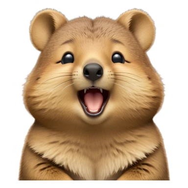 cinematic-realistic  yawning quokka-emoji,-small-round-frame, head tilted in an endearing manner, wouth wide open yawning, sleepy comical smile, round fluffy cheeks, giant-fluffy-cheeks-large-smile-fluffy-brown-fur-radiating-a-warm-softness,-big-round-eyes-filled-with-joy, realistic round  fluffy zoomed in, large black eyes one paw raised in the air sticker