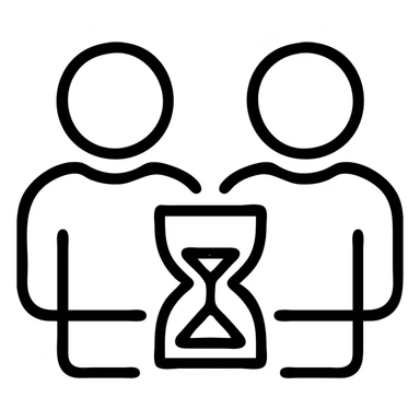 ultra-minimalist outlined icon of two figures with a small clock or hourglass, worn and distressed style sticker