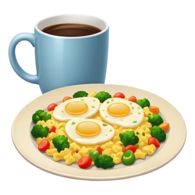 plate with eggs and veggies,  on the side coffee in cute mug sticker