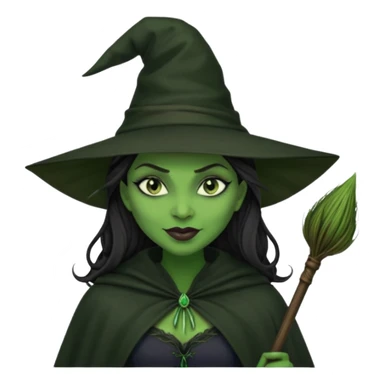 elphaba wicked witch with broom close up, evil dark coily long dark hair, green skin, thick green lips, cheekbones, smirk evil menacing cythia erivo dark aesthetic black hat cloak dark broom sticker