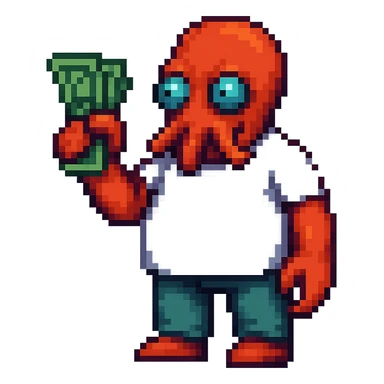 Full body pixel art style illustration of Zoidberg from Futurama holding up a stack of money, no background. Use pixel art style as the target style. sticker