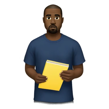 kanye west wearing a dark blue T-shirt, holding a yellow notepad sticker