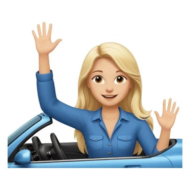 blonde long hair woman driving car. one hand up Happy face confidence sticker