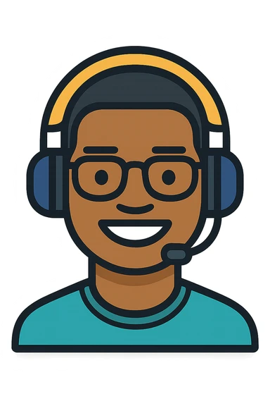 Add a headset to the young African man with eye glasses, keep the original style and transparent background. sticker