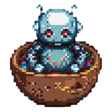 small robot curled up in a round bowl, pixel art style sticker