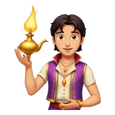 Cinematic Realistic Aladdin Portrait, depicted with lifelike, warm skin textures and a confident yet approachable gaze. His dark, wind-tousled hair frames expressive eyes full of adventure and kindness. Dressed in his iconic vest and loose trousers with intricate detailing, he holds a subtle glimmer of a magic lamp, all rendered under soft natural lighting with a radiant glow that captures his resourceful spirit. sticker