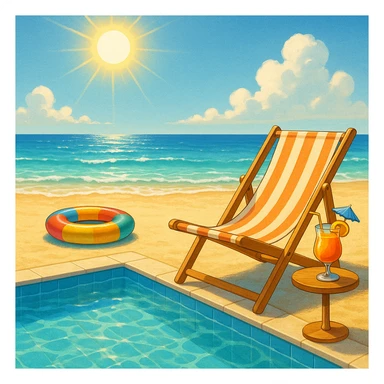 изобрази на картинке пляж, шезлонг, солнце, надувной круг, бассейн, коктейль sticker