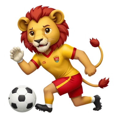 A Lion with a Trikot which is half yellow and half red who is playing football sticker