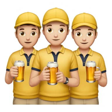 16 men on a golf trip wearing yellow golf caps all holding a beer can with a Xmas style label. Has to be 16 of them. sticker