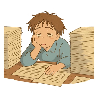 ghibli style illustration of someone surrounded by paperwork, looking sleepy sticker