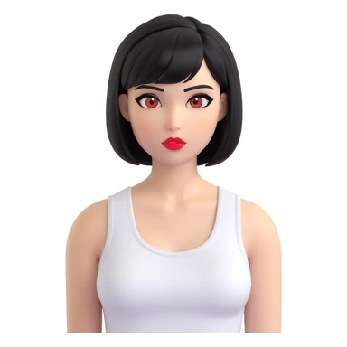 A pretty girl with black straight bob hair. She has hazel eyes with black eyeliner. She has plump red lips. She is wearing a white tank top sticker