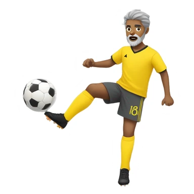 yellow skinned boy in gray soccer uniform and black shorts with gray beard  and hair kicking a soccer ball sticker