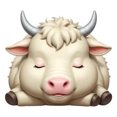 Meme-Worthy Cute Sleeping Domestic Ox Portrait Emoji, Head resting peacefully with a contented smile, showcasing a massive, sturdy build and a luxuriously soft hide, eyes gently closed in serene, restful slumber, Simplified yet hilariously adorable features, highly detailed, glowing with a soft, drowsy natural light, high shine, relaxed and utterly lovable, stylized with an air of playful laziness, soft glowing outline, capturing the essence of a sleeping ox that feels destined to become the next viral sensation of adorable rest! sticker