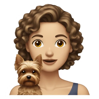 white women with curly medium length brunette hair, holding a cute yorkie dog sticker