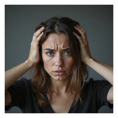 woman with hands in hair, stressed and nervous expression, hyperrealism 4K, variation 10 sticker