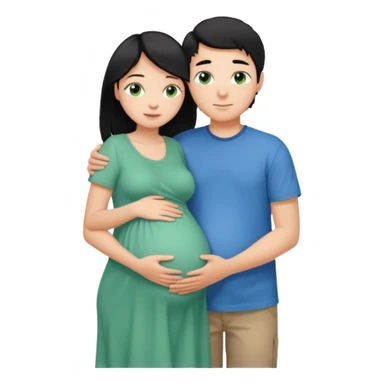 Make a couple hugging the girl is white with long black hair with blue eyes. The girl is hugging a boy with light brown short hair with green eyes. The boz is pregnant  sticker