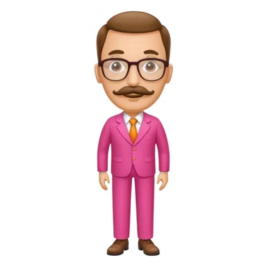 A tall figure with a thick mustache and oval glasses, with a large head, who always wears a bright pink dress with orange pants. sticker